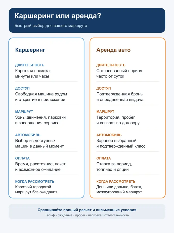Инфографика: каршеринг или аренда автомобиля по сроку, маршруту, цене и возврату