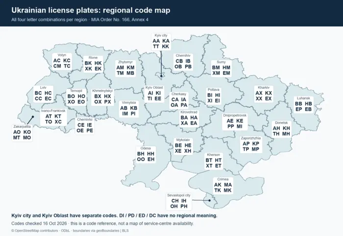 Map of Ukrainian license plate region codes, with separate labels for Kyiv city and Sevastopol